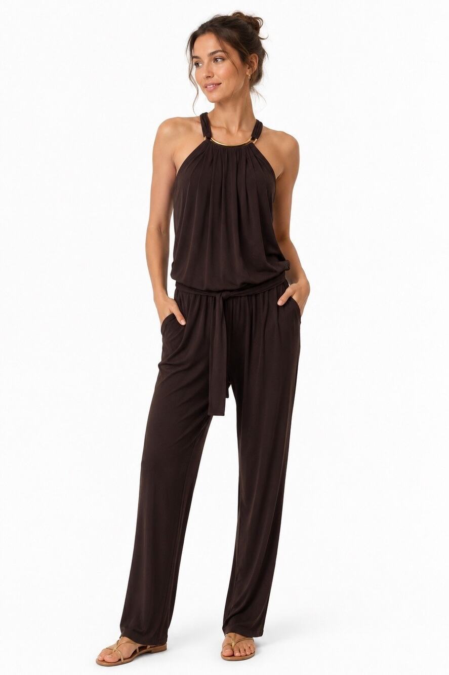 Michael Kors Brown Jersey Knit Jumpsuit Stretch Belted Sleeveless Pockets sz L
